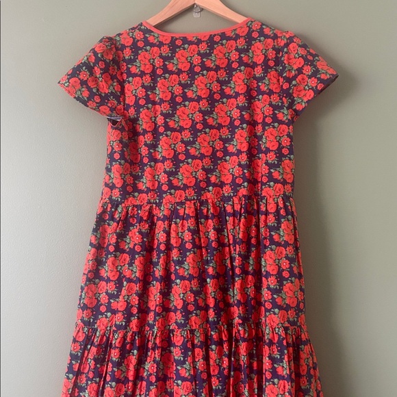Ivy City Red Navy Floral Short Sleeve Cotton Midi Tiered Dress Sz M - Picture 7 of 8